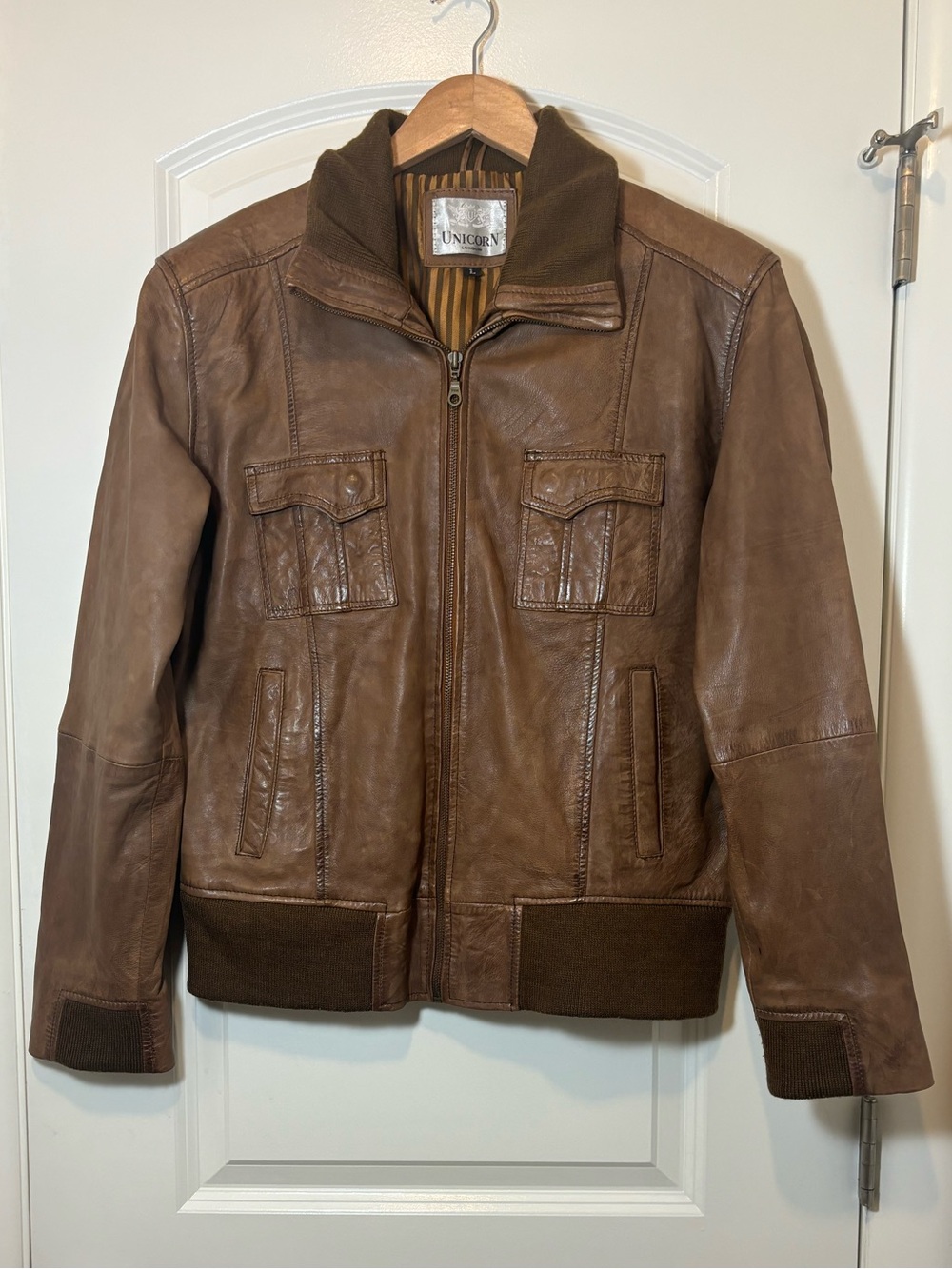 Brown Leather Bomber Jacket - Men's Zip Front